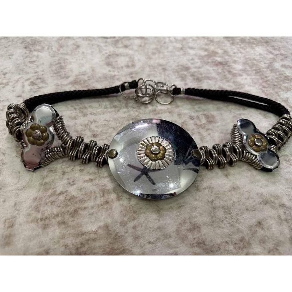 VTG 80s Mixed Metal Floral Medallion Black Rope Statement Belt Cinch Korea